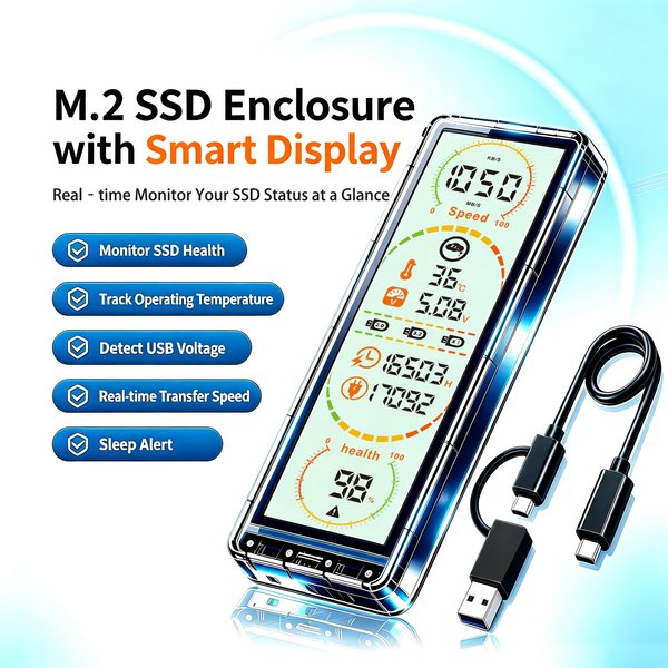 Boîtier SSD M.2 transparent 10 Gbit/s avec écran intelligent intégré, USB 3.2 Gen2 Type-C, compatible NVMe et SATA double
