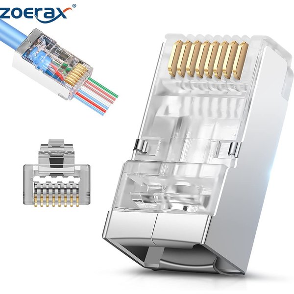 ZoeRax 50pcs Shielded RJ45 Cat6 Cat6A Pass Through Connectors - 3 Prong 8P8C Gold Plated Ethernet Ends for FTP/STP Network Cable