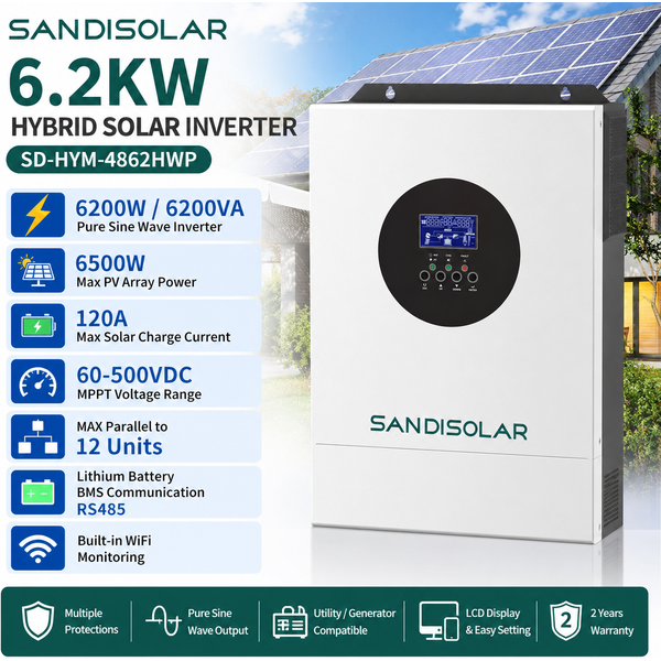 SANDISOLAR 6200WP Hybrydowy Inwerter Solarny 48V Czysta Sinusoida 120A Ładowarka MPPT 6500W Wejście PV Kompatybilny z Bateriami Litowymi RS485