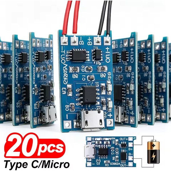 20/1 szt. Moduł ładowarki TP4056 Type-c USB C Micro USB 5V 1A do akumulatorów litowych 18650 z podwójną funkcją ochrony