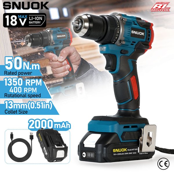 SNUOK bürstenloser Akku-Bohrschrauber mit 50 Nm Drehmoment, Dual-Funktion, elektrischer Schraubendreher, Typ-C-Ladefunktion, 2,0 Ah Akku, passend für Makita 18-V-Lithiumbatterie,