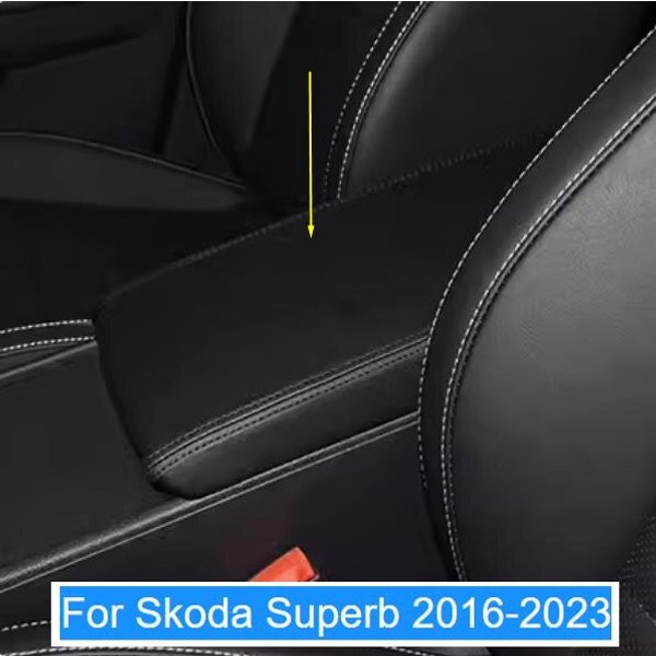 Für Skoda Superb 2016–2023 Maßgeschneiderte Mittelarmlehnenbox-Abdeckung aus Mikrofaserleder für den Autoinnenraum