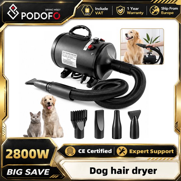 Podofo 2800W 5.2HP Suszarka do sierści psów, dmuchawa do pielęgnacji z ciepłym powietrzem, cicha, szybkie suszenie, bezstopniowa regulacja prędkości, urządzenie do suszenia sierści psów, produkty dla