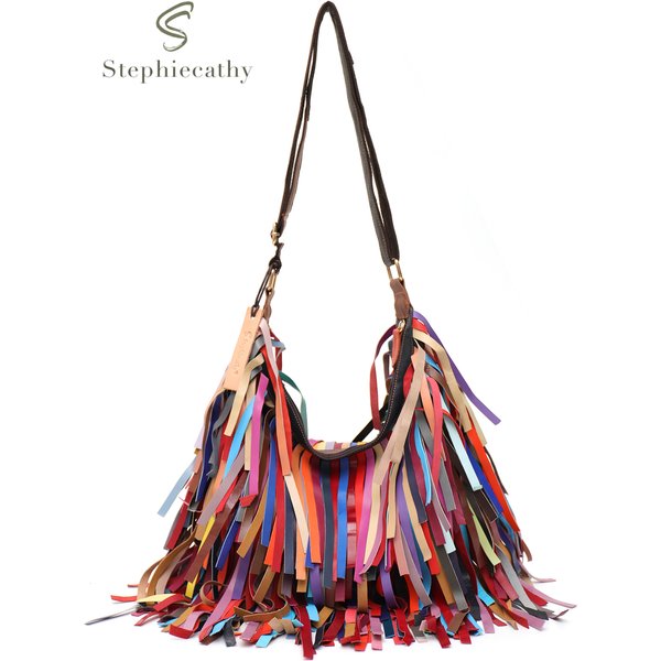 SC Colorful Real Sheepskin Shoulder Bags For Women Large Casual Slouchy Hobo Handbags Patchwork Leather Tassel Cross Body Purses
