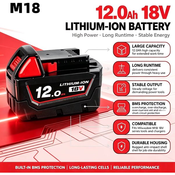2026 Neu 18V 12,0Ah Milwaukee M18 Akku Li-Ion Ersatzakku für Milwaukee 18V M18 48-11-2830 0730-20 Elektrowerkzeug-Akku