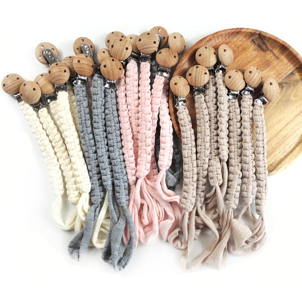 Baby Pacifier Chain Hand Braided Cotton Cloth Handmade Heart Shape Wooden Dummy Pacifier Clips For Nursing Teether Shower Gifts