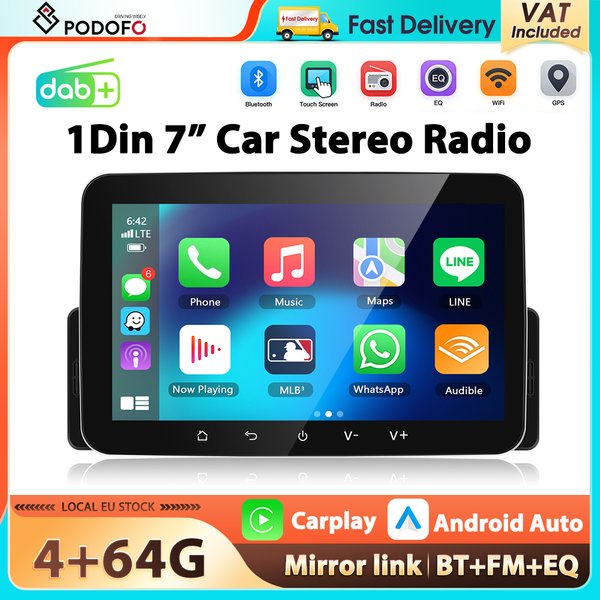 Podofo 7'' Android 4+64G Radio Samochodowe 1Din Odtwarzacz Multimedialny Carplay Android Auto WIFI GPS BT FM/RDS EQ Dual USB 4Core Mirror Link Audio Samochodowe