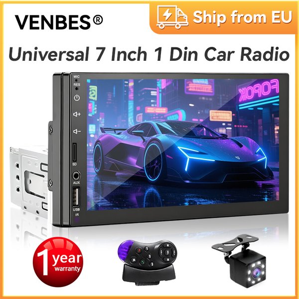 VENBES Autoradio Mirrorlink mit 7-Zoll-Touchscreen, universelle 1 Din Bluetooth USB TF FM AUX-Eingang und Rückfahrkamera