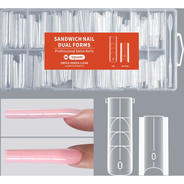 16 Größen 180/256 Stk./Box Sandwich Dual Clear Nagelformen Mandel/Quadrat/Sarg Französische Dual-Formen Vollabdeckung Nagelverlängerung Builder Tipps