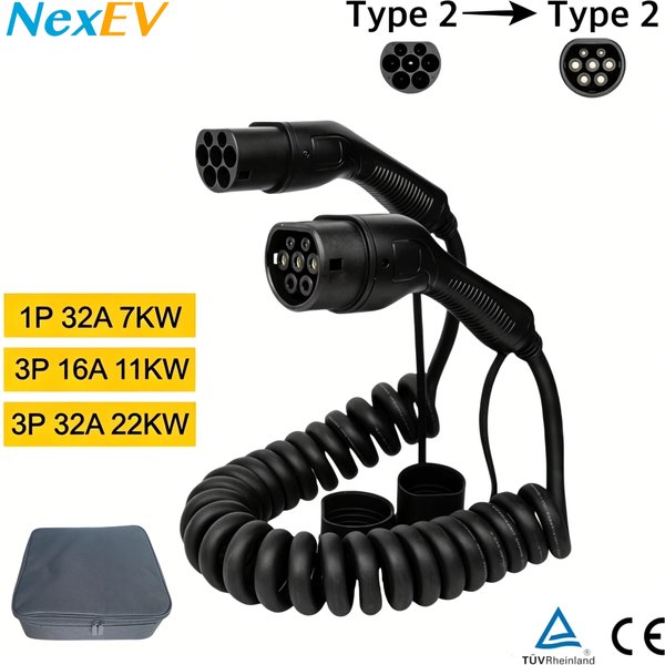 NexEV Typ 2 EV-Ladespiralkabel 1-Phasig 32A 7KW, 3-Phasig 16A/32A 11KW/22KW 4,5-5M Nutzlänge Modus 3 Spiralladekabel für Elektroautos CE TUV