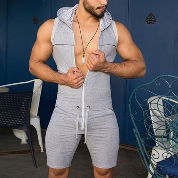 Männer Kurzen Overall Engen Ärmellose Body Zipper Mit Kapuze Strampler Kurze Hosen Casual Hause Tragen Trainingsanzug Pyjamas