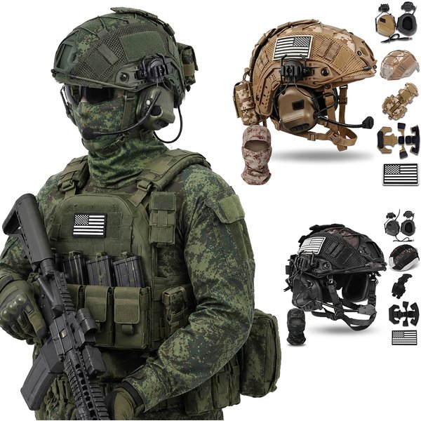 4-in-1 Tactical Airsoft Helmet Set Adjustable FAST Protective Helmet with Headset Helmet Cover Battery Pouch for CS Cosplay