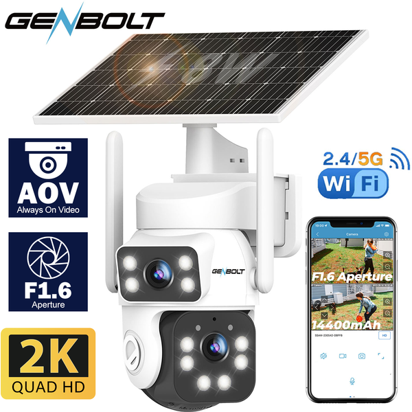 GENBOLT 2K Solar WLAN-Sicherheitskamera, AOV 24/7 Aufnahme, 14400mAh Akku, Dual-View, KI-Menschenerkennung, 2,4/5GHz Kabellose Außen-CCTV
