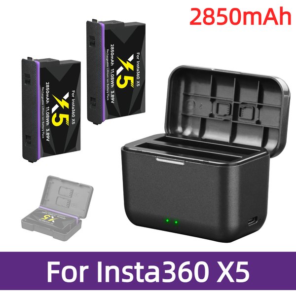 2850-mAh-Akku für die Insta360 X5-Kamera mit einer intelligenten, schnellen LED-Ladestation mit zwei Steckplätzen für die Insta 360 X5-Actionkamera. Zubehör für den 360X5-Akku.
