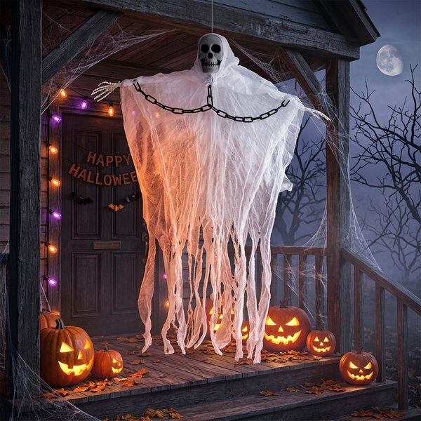 Halloweenowe wiszące duchy, czaszki, szkielety z gazy, straszne rekwizyty, dekoracje do nawiedzonego domu, na zewnątrz, do ogrodu, dekoracje horror, Lofytain