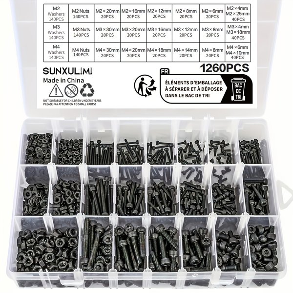 1260-teiliges metrisches Bolzensortiment – M2 M3 M4, 21 Größen 4 mm bis 30 mm, 12,9 Schrauben- und Muttern-Set aus legiertem Stahl