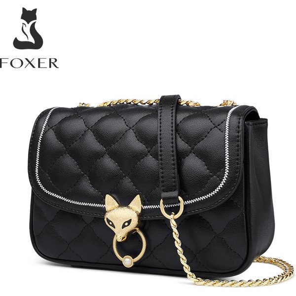 FOXER Sac à bandoulière en cuir croisé pour femme, élégant, classique, avec chaîne, motif losanges, sac messager pour femme