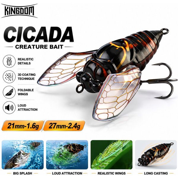 Kingdom 2026 Neuer Cicada Topwater-Köder mit Flügeln 21mm 1,6g 27mm 2,4g Simulations-Insekten-Hardbait für Süßwasser-Barschangeln