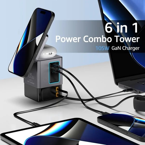 Station de charge 6-en-1 avec câble USB-C rétractable, tour de charge combinée 105W pour plusieurs appareils, chargeur rapide pour iPhone Airpod