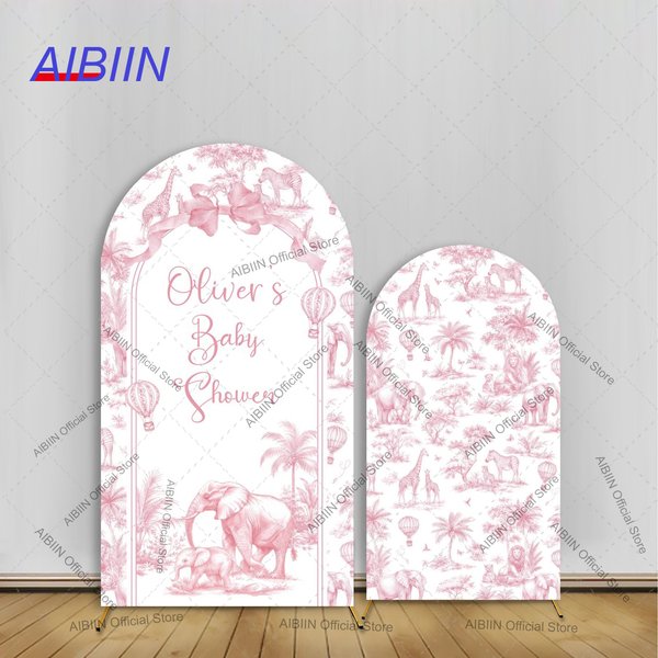 Rosa-blaue Safari-Bogenhintergrundabdeckung für Babyparty, Dschungeltiere, individueller Name, Mädchen, Junge, Geburtstagsfeier, Porträt-Dekor-Hintergründe