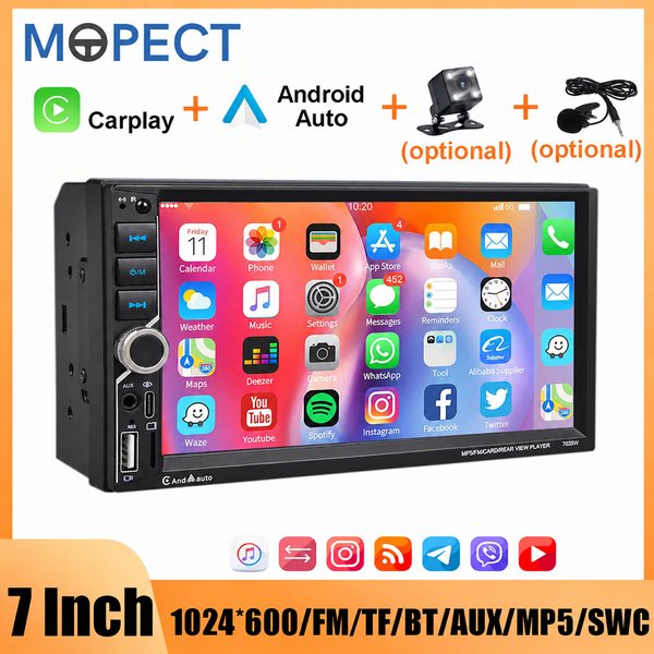 MOPECT 7 Zoll Doppel-DIN Autoradio Stereo Kabelloses CarPlay Android Auto Touchscreen Multimedia-Player Autoradio Haupteinheit Mirror Link BT/FM/USB/TypeC/TF/AUX SWC
