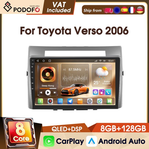 Podofo 4G 9" 8-Kern Universal-Autoradio 8+128G Kabelloses CarPlay Android Auto für Toyota Verso 2006 Smart Intelligent Systems FM RDS WIFI GPS