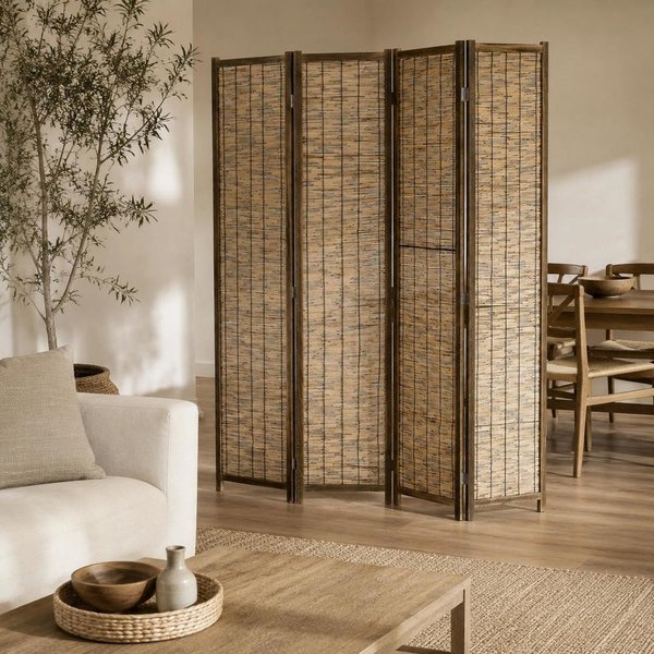Paravent pliant avec séparateur en bois, 4 panneaux 160 x 170 cm - naturel