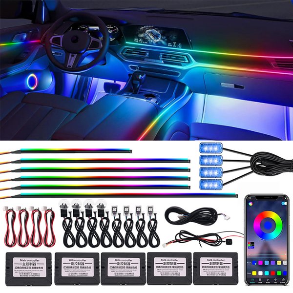 18 in 1 64 Color RGB Symphony Car Ambient Light Interior Acrylic Guide LED Strip Light Decoration Atmosphere Lamp by APP Control