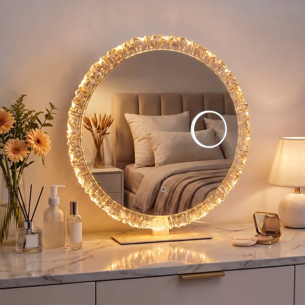 Miroir cosmétique avec éclairage LED, luminosité réglable en trois couleurs, grossissement 10x, rotatif et rond