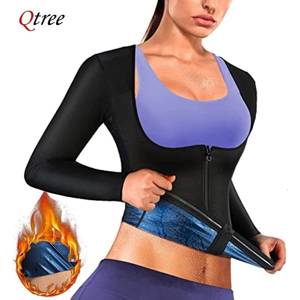 Qtree-Chemise trempée de sauna pour femme, veste de survêtement de perte de poids, manches longues, amincissant, spoeur de corps, fitness, fermeture éclair, entraîneur de taille d'entraînement