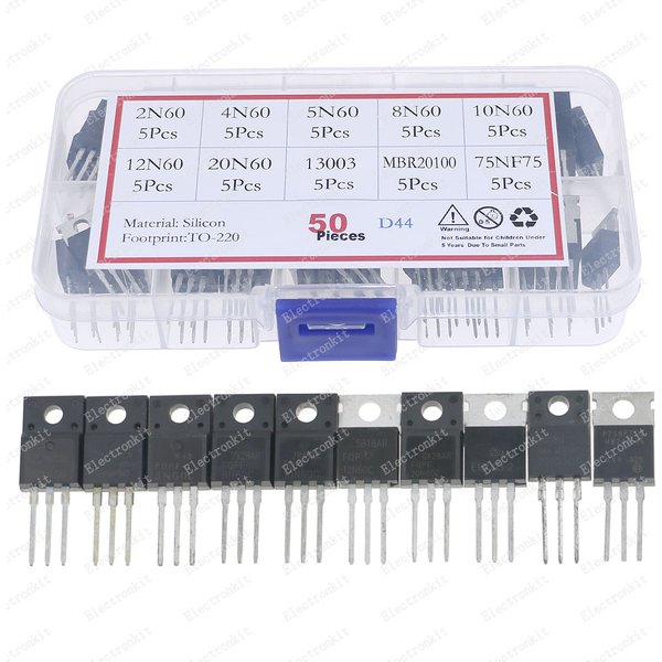 Boîte de kit de transistor Mosfet, 10 valeurs, TO-220, 2N60, 4N60, 5N60, 8N60, 10N60, 12N60, 20N60, 13003 MBR20100, 75 inverser, 50 pièces