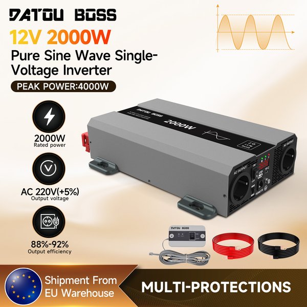 DATOUBOSS SAK Reiner Sinus-Wechselrichter für Autos – DC 12V Weitbereichs-Eingangsspannung auf AC 220V–240V Ausgang, 50Hz, 2000W, Tragbarer Spannungswandler für Haushaltsgeräte und den Außenbereich