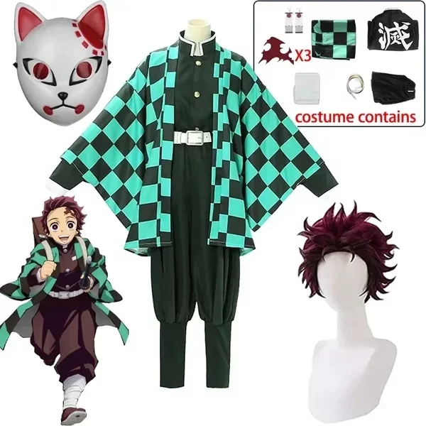 Tanjirou Kamado Cosplay Anime démon tueur Kimetsu No Yaiba Cosplay Costume uniforme Haori Kimono perruque Costume Halloween adulte enfant
