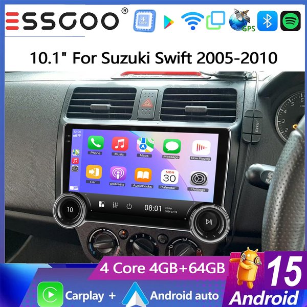 ESSGOO 10,1" 4+64G Android 15 Autoradio für SUZUKI SWIFT III 2005-2010, kabelloses CarPlay, Android Auto, GPS-Navigation, WIFI, FM, Bluetooth, RDS, SWC, ASP, Mirror Link, Multimedia-Video-Player, Head