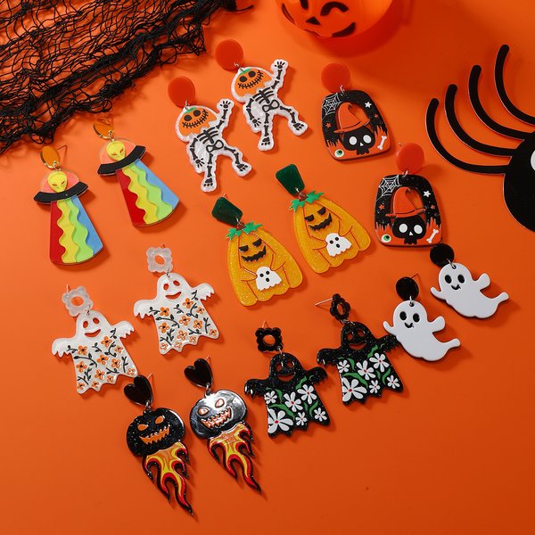 8 paires de démons flammes d'Halloween, petits fantômes mignons, boucles d'oreilles en acrylique, têtes de crâne, navires espacials extraterrestres, fantômes de citrouille