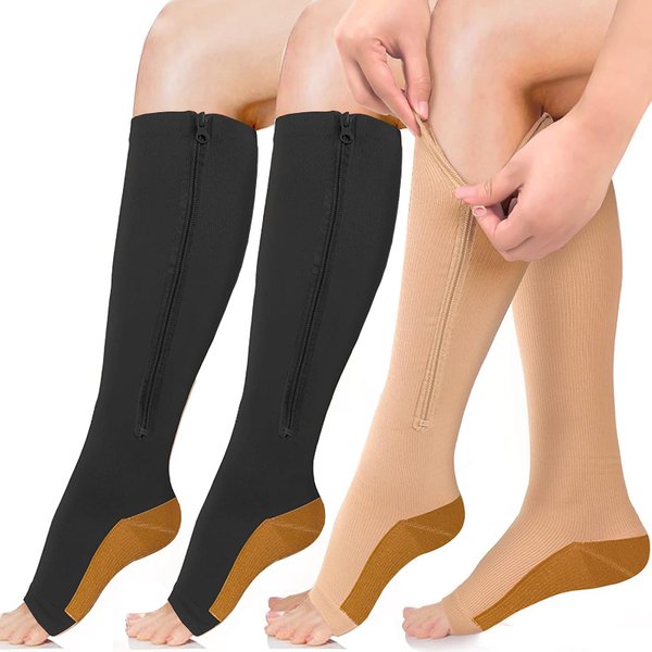 Chaussettes de Compression Médicale avec Fermeture Éclair, Hauteur du Genou, 15-20 mmHg, Support Parker Ouvert, pour Femme et Homme