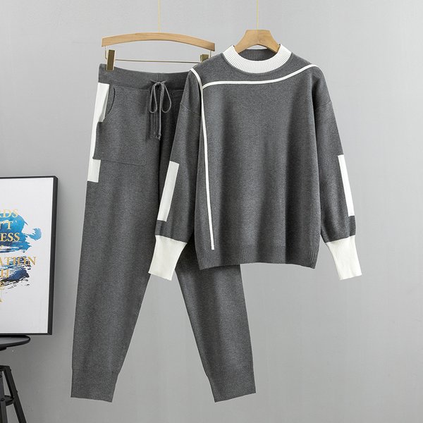 Ensemble 2 pièces tricoté, pull à manches longues et pantalon, décontracté, Patchwork, collection printemps 2025 Vêtements de sport décontractés pour femmes Grande taille pour femmes Costume de mode