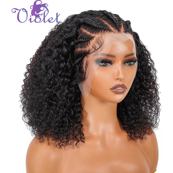 Perruque Courte Bouclée Tressée Noir Naturel 220% Tresses Cornrow Bouclées Profondes Bob Perruques Lace Front 13x4 Cheveux Humains Pour Femmes Noires