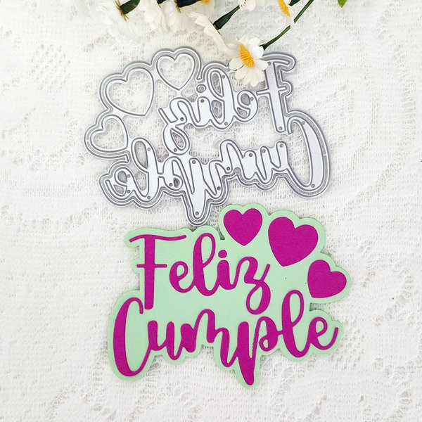 Parole espagnole Feliz Cumple étiquette étiquette coeur bordure cadre verre à vin métal matrices de découpe pochoirs pour bricolage Scrapbooking artisanat
