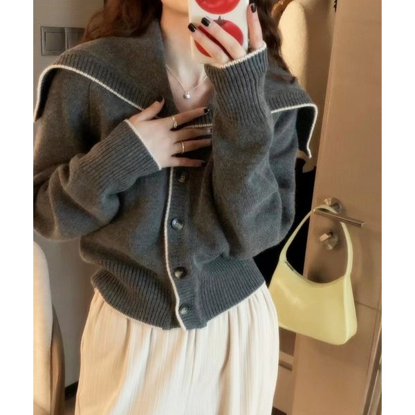Navy collar cashmere knit cardigan women's new autumn and winter matching color loose sweater to show lean wool coat