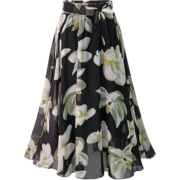 Plus Size Print Floral Skirt Women 2024 Summer Loose Elastic High Waist Chiffon Midi Skirts Lace Up Bow L-5XL Swing Jupe Femme