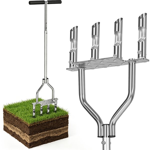 Aérateur de pelouse manuel - Outil d'aération de pelouse avec 3 dents creuses, aérateur de sol semi-assemblé, outil compact pour l'entretien des pelouses et des cours