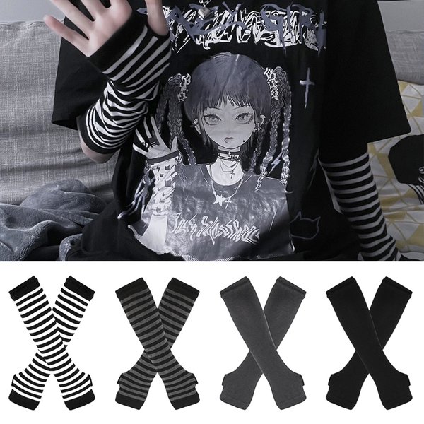 Women Long Sleeve Gothic Striped Fingerless Arm Warmer Knitted Women's Casual Solid Color Fashion Gloves Punk Arm Accessories