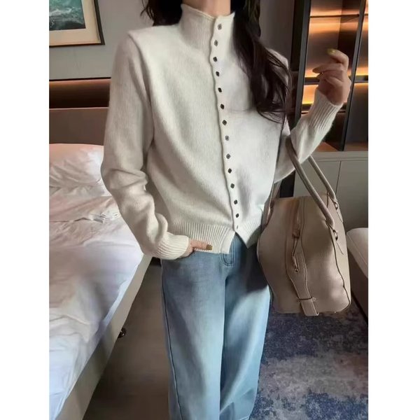 European-style gentle semi-high neck cashmere knitted cardigan for women's autumn and winter loose and soft sweater sweater coat