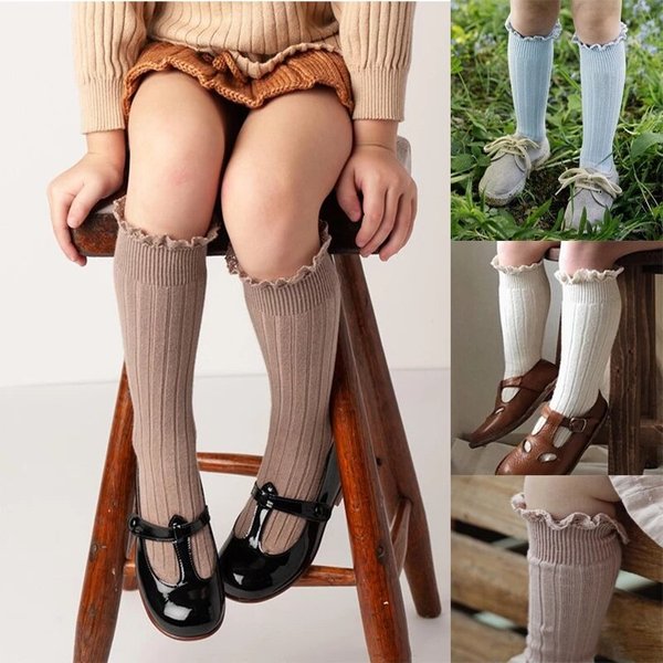 Chaussettes hautes à volants pour filles, longues et douces, en coton, avec dentelle et fleurs, pour l'école