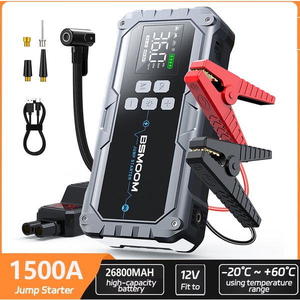 1500A Starthilfe für Autos, tragbare Notfall-Starthilfe mit Akku, 12V Auto-Startgerät für Benzin- und Dieselmotoren, Starthilfe mit LED-Licht (600 lm), Starthilfekabel, LCD-Anzeige, besonders sichere