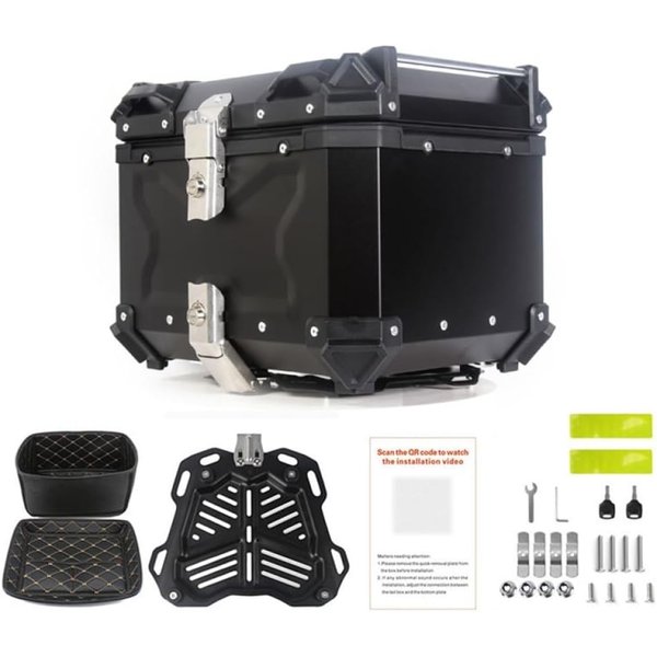Motorrad-Topcase 45L Aluminium, Wasserdichter Motorradkoffer mit Schnellverschluss, Universeller Heckkoffer inkl. Bodenplatte & Montageset, geprägtes Schwarz