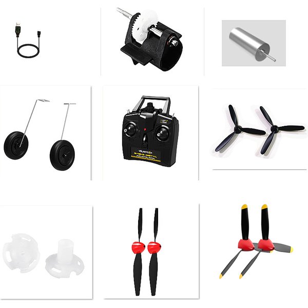 Accessoires d'avion RC, chargeur USB, hélice, train d'atterrissage, télécommande, pièces de rechange pour P51D BF109 P40 Spitfire F4U
