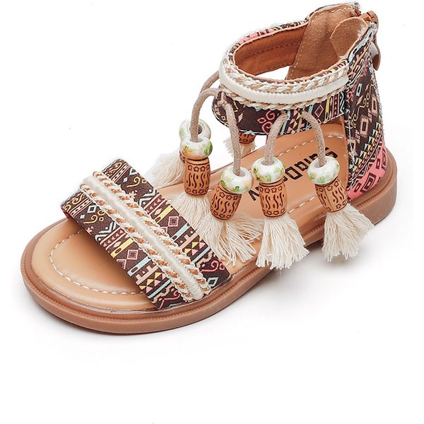 Girls Sandals Ethnic Retro Children Fashion Casual Shoes Tassels 2024 Back Zipper Summer New Sandals Kids Pattern GLADIATOR Cute