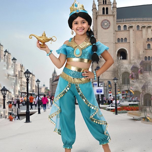 Mädchen Prinzessin Jasmin Cosplay Kostüm-Set Kinder Arabisches Outfit Mit Perücke Krone Lampe Halloween Karneval Geburtstagsfeier Faschingskleid